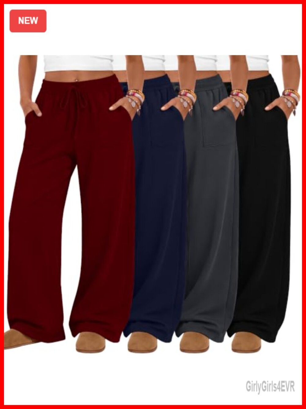 Plus Size Wide Leg Drawstring Yoga Pants High Waist Patch Pockets 4 Pack